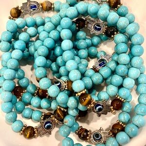 Tigers Eye With Turquoise Toned Glass Beaded Bracelets-Hamsa & Evil Eye Charms